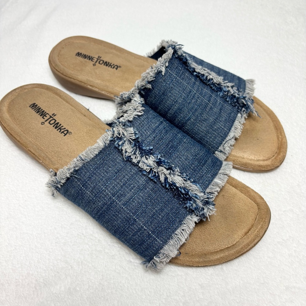 Minnetonka Violet Frayed Fabric‎ Denim Slide Sandal Size 10W